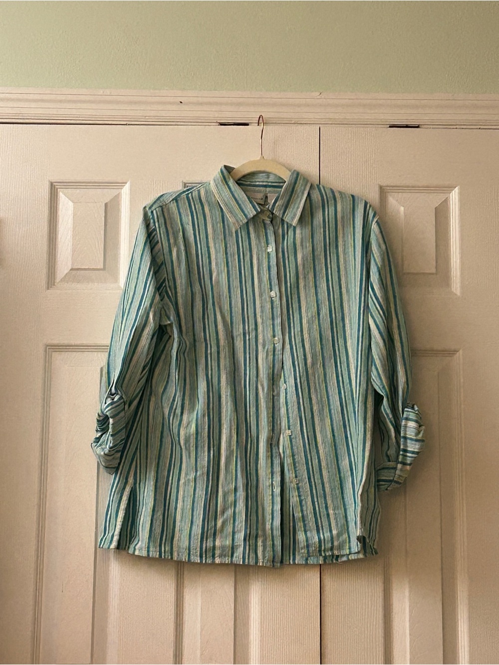 Kim Rogers Linen Blend Striped Button Up Shirt Medium Teal Blue Coastal Grandmot